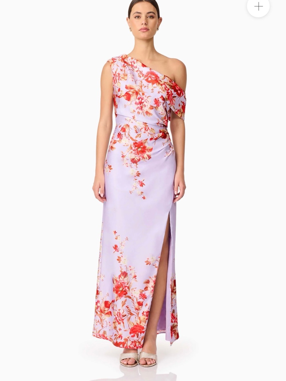 Elliatt Lilac One-Shoulder Floral Maxi Dress with Red-Orange Blossoms